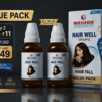 Bottle of Wellson Hair Well Drops – Homeopathic solution for hair growth and scalp health