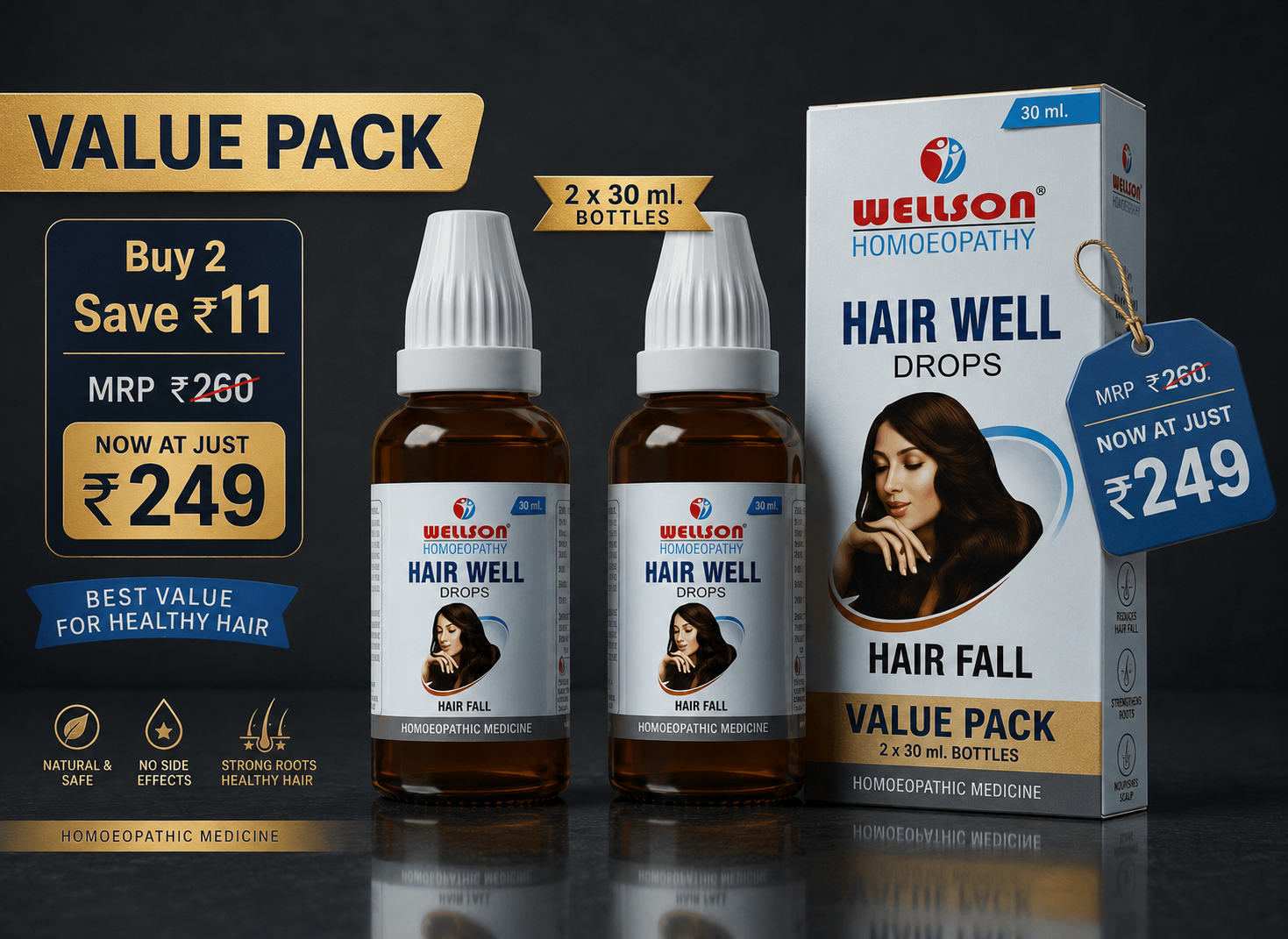 Bottle of Wellson Hair Well Drops – Homeopathic solution for hair growth and scalp health
