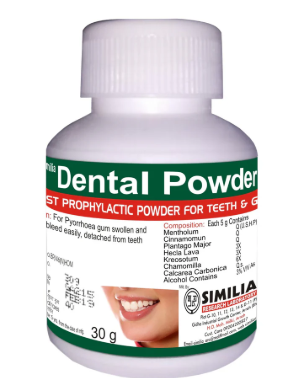 Similia Dental Powder bottle for bleeding gums, pyorrhoea, and natural tooth care