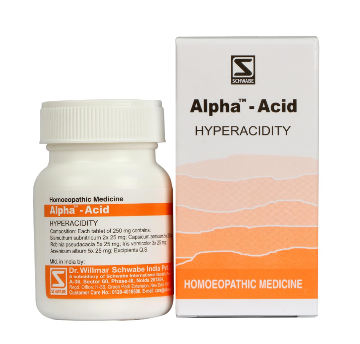 Alpha – Acid homeopathic tablets for acidity, gastric pain, and indigestion