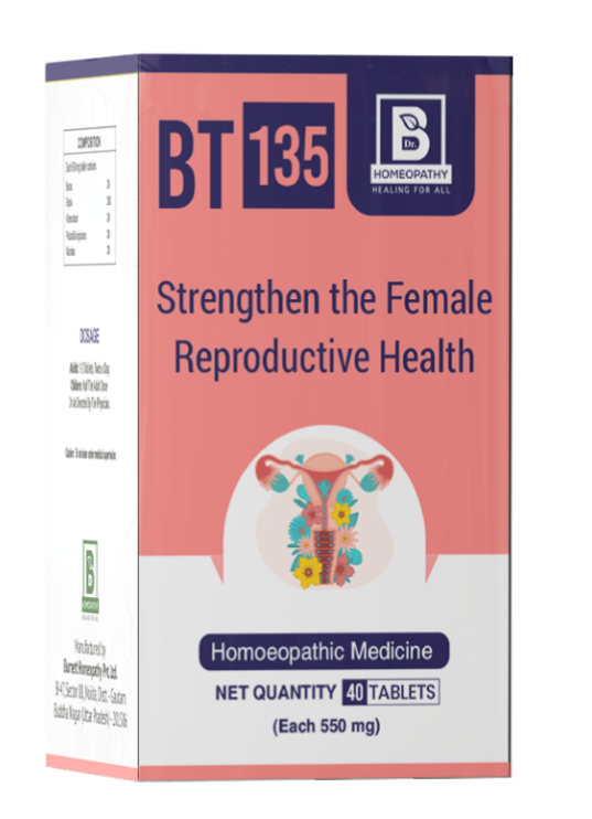 Image Alt Text: Burnett BT135 homeopathic tablets for female reproductive health and hormonal balance
