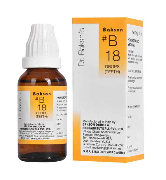 Bakson B18 Teeth Drops bottle – Homeopathic remedy for toothache, teething & gum care