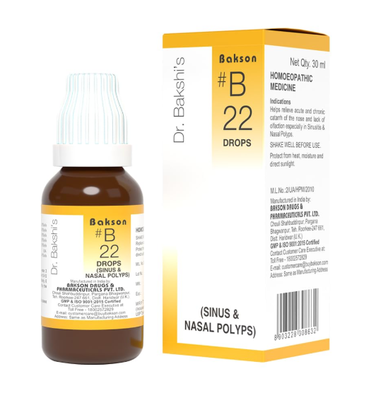 Bakson B22 Sinus Drops bottle – Homeopathic remedy for sinusitis, sneezing, and nasal congestion