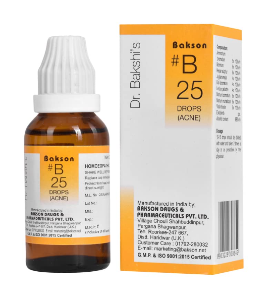 Bakson B25 Acne Drops bottle with natural homeopathic ingredients for acne treatment