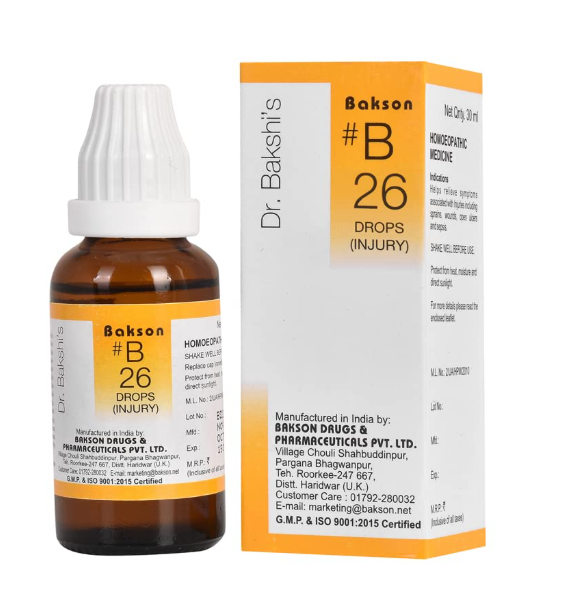 Bakson B26 Injury Drops bottle with natural ingredients for injury healing and pain relief