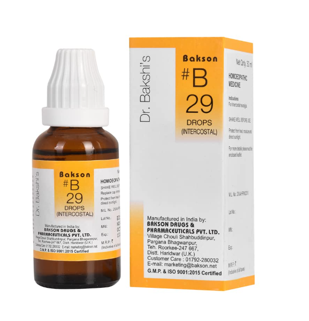 Bottle of Bakson B29 Intercostal Drops for neuralgic chest pain relief