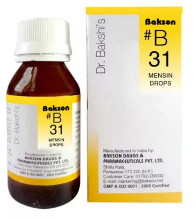 Bakson B31 Mensin Dysmenorrhoea Drops bottle with natural herbs background