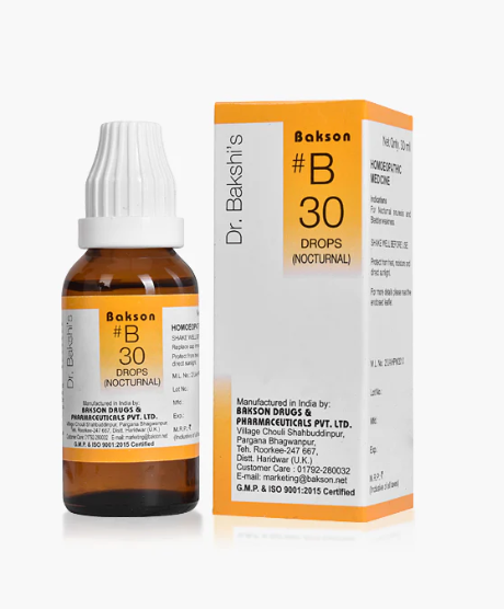 Bakson B30 Nocturnal Drops bottle with natural ingredients for urinary health