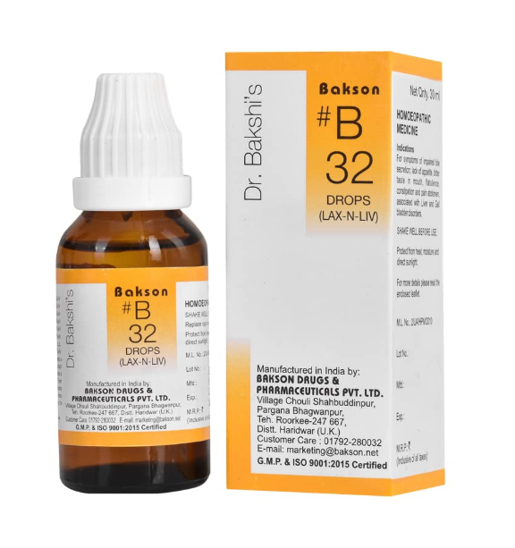 Bakson B32 Lax-N-Liv Drops bottle for natural constipation relief and digestive health