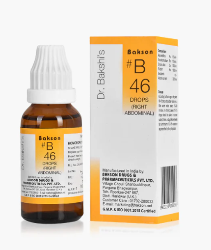 Bakson B46 Right Abdominal Drops bottle with natural homeopathic ingredients