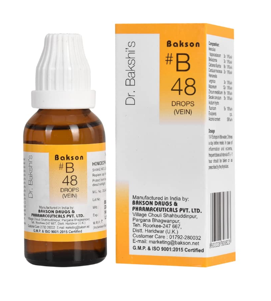 Bakson B48 Vein Drops bottle with homeopathic ingredients for varicose veins