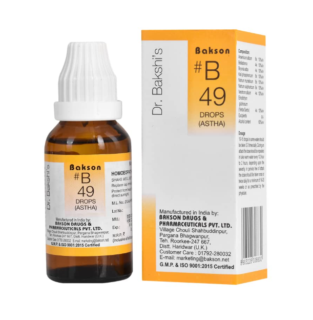 Bakson B49 Astha Drops bottle with homeopathic ingredients for asthma relief