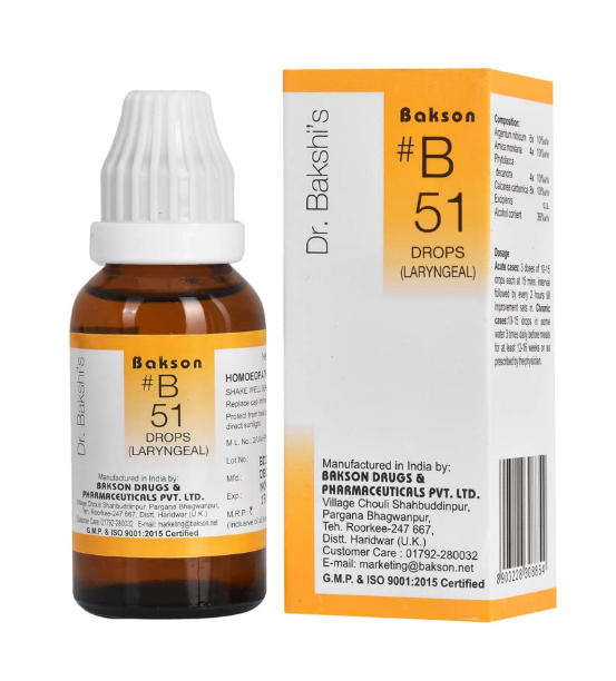 Bakson B51 Laryngeal Drops bottle for homeopathic relief of laryngitis and hoarseness