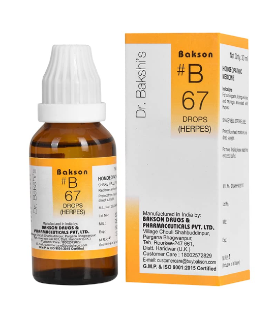 Bakson B67 Herpes Drops Bottle – Homeopathic Remedy for Shingles and Skin Rash Relief
