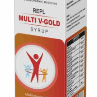 Bottle of REPL Multi V-Gold Syrup for energy, immunity, and vitality support