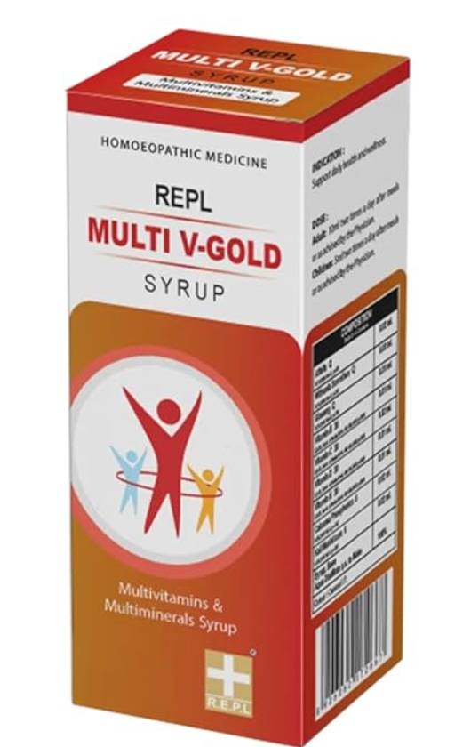 Bottle of REPL Multi V-Gold Syrup for energy, immunity, and vitality support