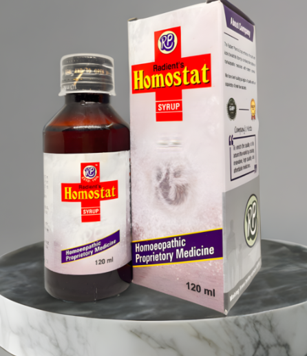 Radient HOMOSTAT Syrup for heavy menstrual bleeding, bleeding piles, nosebleeds and vascular health support.
