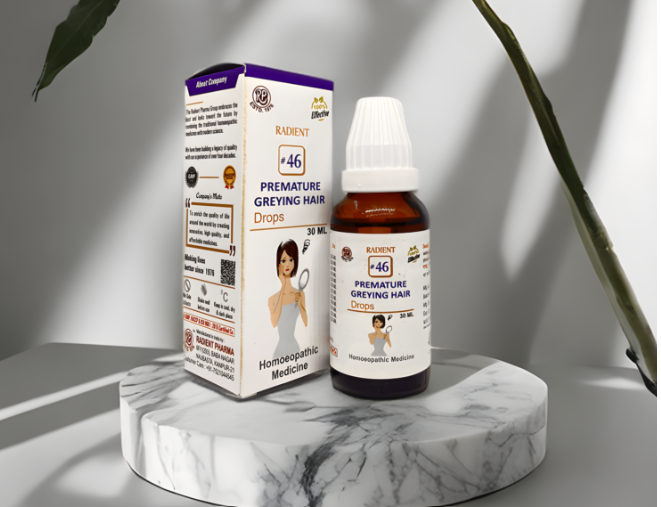 Radient 46 Premature Greying Hair Drops homeopathic medicine for early grey hair, scalp nourishment and healthy hair support